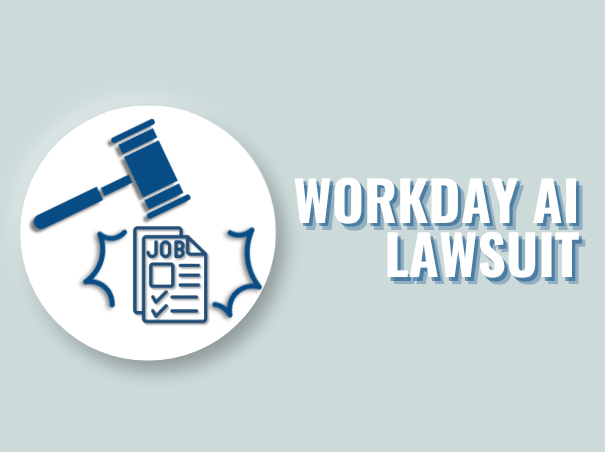 A clipart design with the title "Workday AI Lawsuit" on the right, and a gave slamming over a job application on the left.